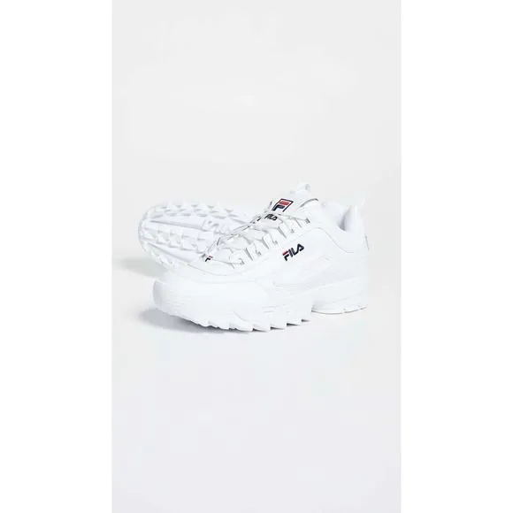 NEW FILA MEN'S DISRUPTOR II PREMIUM SHOES, WHITE/FILA NAVY/FILA RED - 9.5