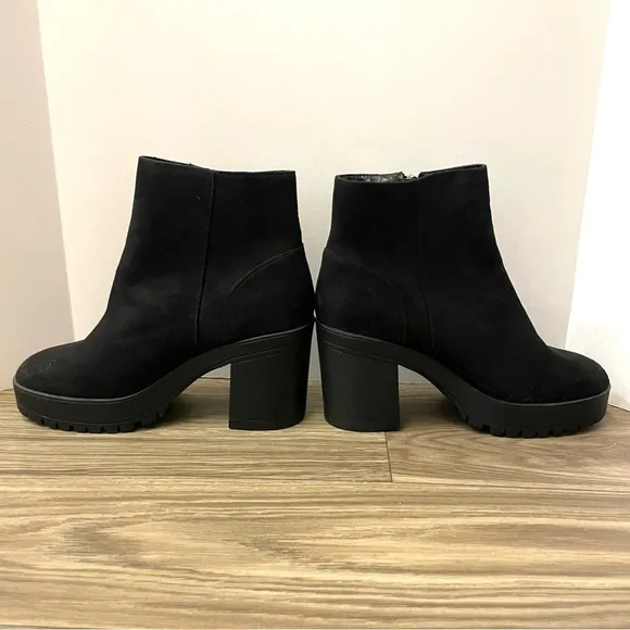 NEW French Connection Black Vegan Suede Zip Moto Biker Platform Heeled Boots