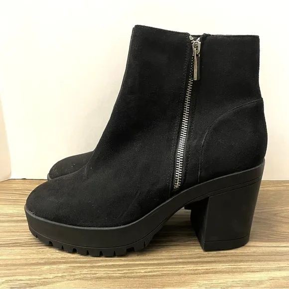NEW French Connection Black Vegan Suede Zip Moto Biker Platform Heeled Boots
