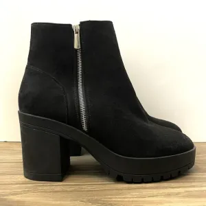 NEW French Connection Black Vegan Suede Zip Moto Biker Platform Heeled Boots