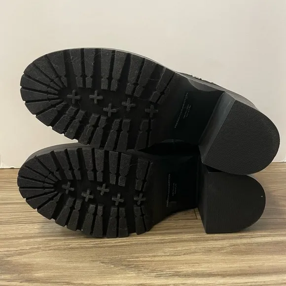 NEW French Connection Black Vegan Suede Zip Moto Biker Platform Heeled Boots