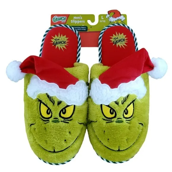 New Grinch Santa Slippers Green Red Plush Christmas House Shoes Mens Large 11/12