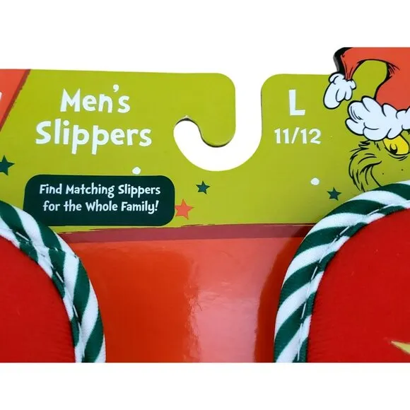 New Grinch Santa Slippers Green Red Plush Christmas House Shoes Mens Large 11/12