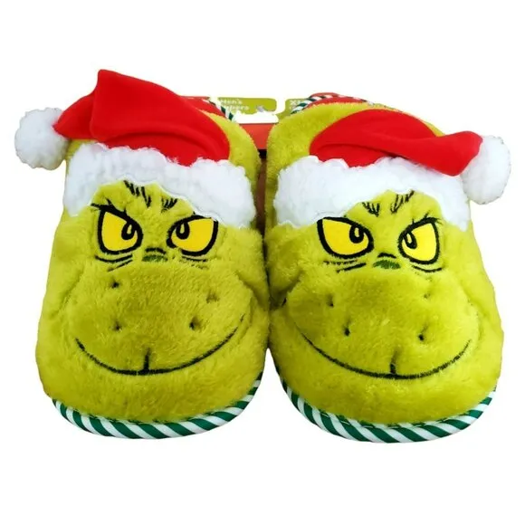 New Grinch Santa Slippers Green Red Plush Christmas House Shoes Mens Large 11/12