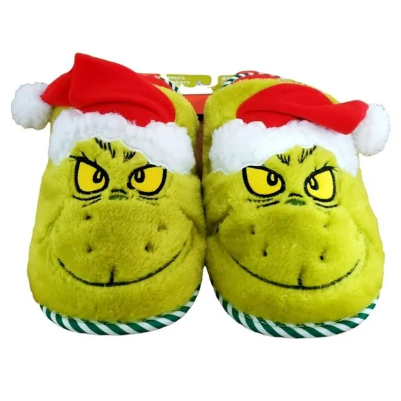 New Grinch Santa Slippers Green Red Plush Christmas House Shoes Mens Large 11/12