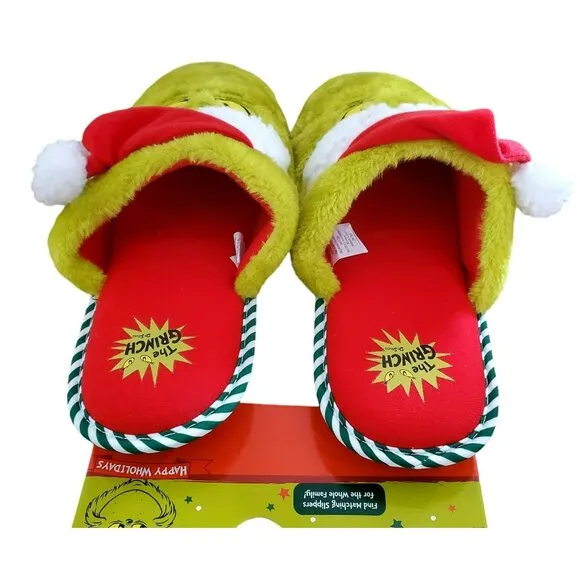 New Grinch Santa Slippers Green Red Plush Christmas House Shoes Mens Large 11/12