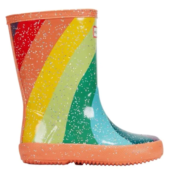 New In Box HUNTER Kids First Glitter Stripe Rain Boots Sz 7C Optimistic Orange