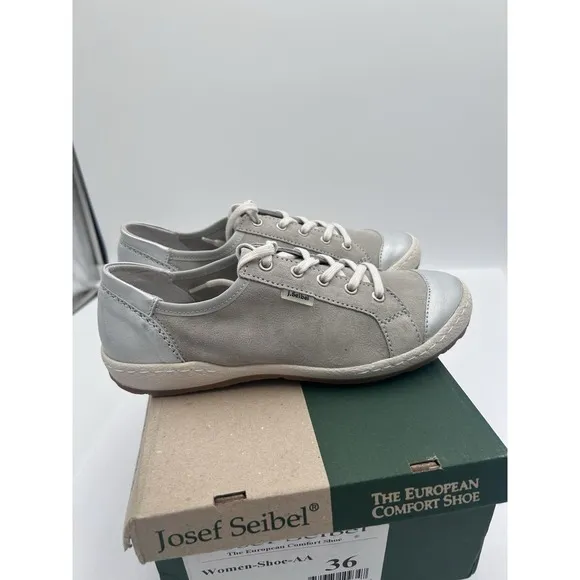 NEW Josef Seibel CASPIAN Silver Women Casual Lace Up Leather Sneakers 36 US5-5.5