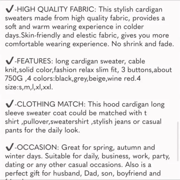 New Mens Cardigan Sweater Hood Button Closure Long Sleeve Knit Slim Fit