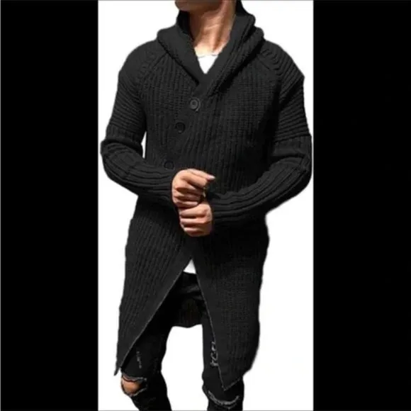 New Mens Cardigan Sweater Hood Button Closure Long Sleeve Knit Slim Fit