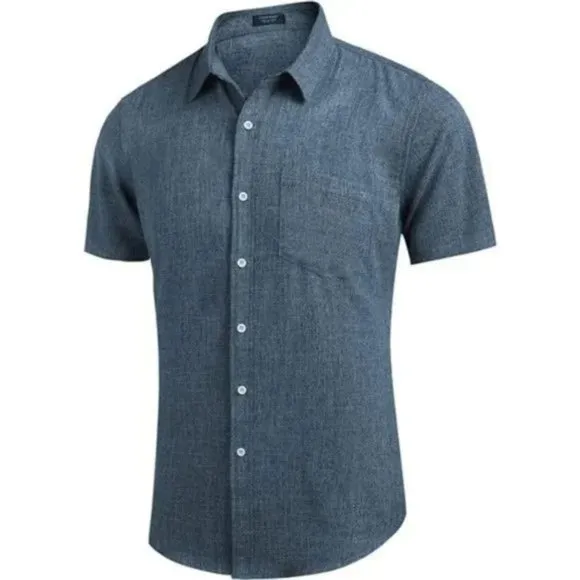 New 𝅺Men's Casual Linen Button Down Shirt Gray &amp; Blue