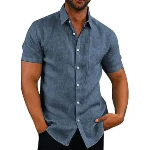 New 𝅺Men's Casual Linen Button Down Shirt Gray &amp; Blue