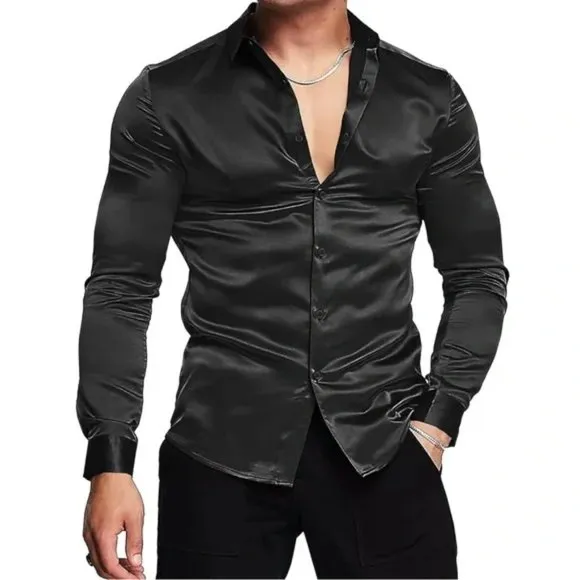 NEW Men's Luxury Black Silk Shirt Slim Fit Muscle Long Sleeve Dress Shirt