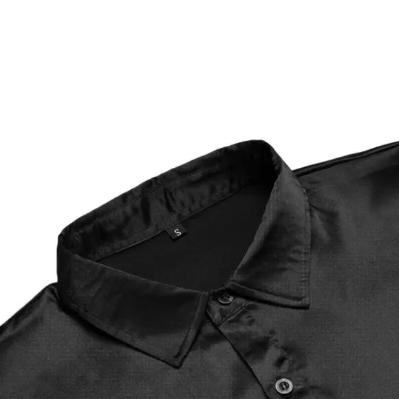 NEW Men's Luxury Black Silk Shirt Slim Fit Muscle Long Sleeve Dress Shirt