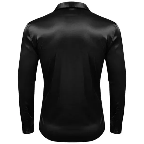 NEW Men's Luxury Black Silk Shirt Slim Fit Muscle Long Sleeve Dress Shirt