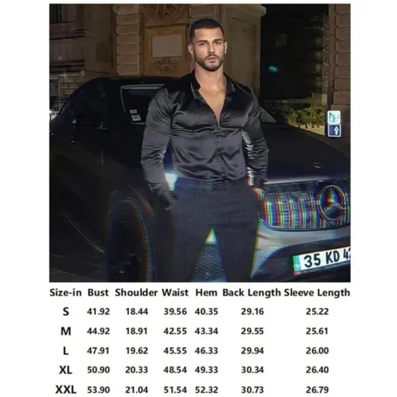 NEW Men's Luxury Black Silk Shirt Slim Fit Muscle Long Sleeve Dress Shirt