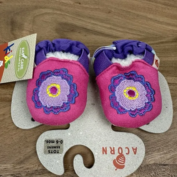 New NWt Baby Girls Acorn Easy On Moc Pink Floral Slippers Shoes Size 0 - 6 Month
