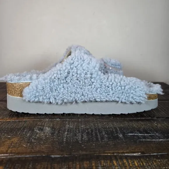 NEW Papillio Birkenstock Arizona Shearling Womens Size 7 Sandals Slippers Blue