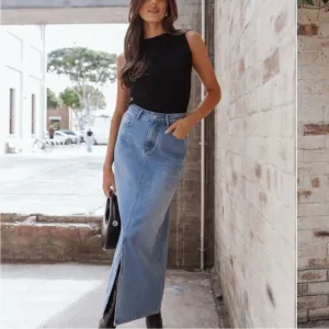 NEW Petal   Pup Women’s Dana Light Blue Denim Front Slit Maxi Jean Skirt Size 10