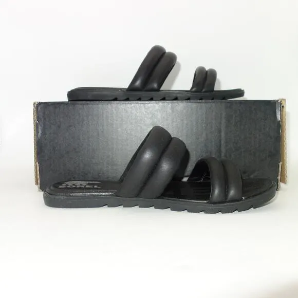New Sorel Ella Puff Black Slides Sandals Shoes Women's 6.5