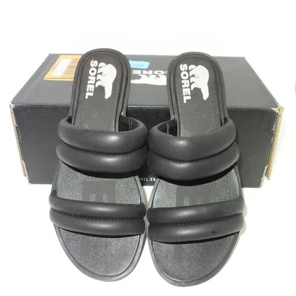 New Sorel Ella Puff Black Slides Sandals Shoes Women's 6.5