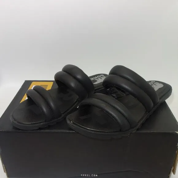 New Sorel Ella Puff Black Slides Sandals Shoes Women's 6.5