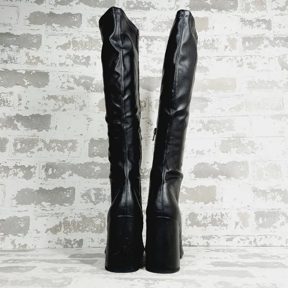 New Steve Madden Lizah Black Faux Leather Block Heel Knee High Boots V709