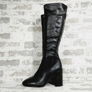 New Steve Madden Lizah Black Faux Leather Block Heel Knee High Boots V709