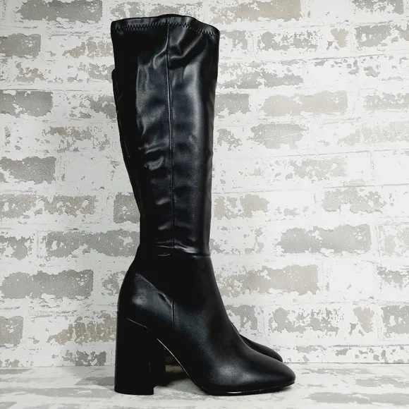 New Steve Madden Lizah Black Faux Leather Block Heel Knee High Boots V709