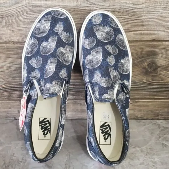 New Vans Classic Slip On Wireframe Skulls Black White Sneakers