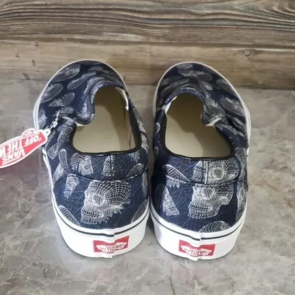 New Vans Classic Slip On Wireframe Skulls Black White Sneakers