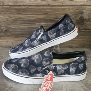 New Vans Classic Slip On Wireframe Skulls Black White Sneakers
