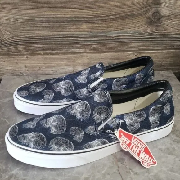 New Vans Classic Slip On Wireframe Skulls Black White Sneakers