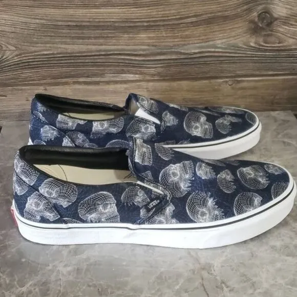 New Vans Classic Slip On Wireframe Skulls Black White Sneakers