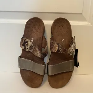 NEW VIONIC SHOES SANDALS 2 STRAP BROWN SNAKESKIN LOOK PEWTER SILVER SIZE 8 MWT