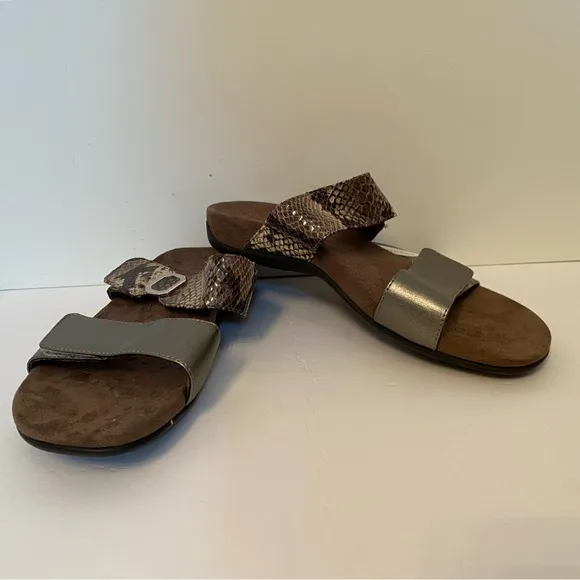 NEW VIONIC SHOES SANDALS 2 STRAP BROWN SNAKESKIN LOOK PEWTER SILVER SIZE 8 MWT