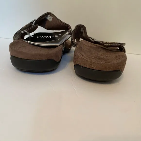 NEW VIONIC SHOES SANDALS 2 STRAP BROWN SNAKESKIN LOOK PEWTER SILVER SIZE 8 MWT