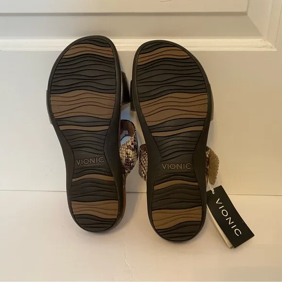 NEW VIONIC SHOES SANDALS 2 STRAP BROWN SNAKESKIN LOOK PEWTER SILVER SIZE 8 MWT