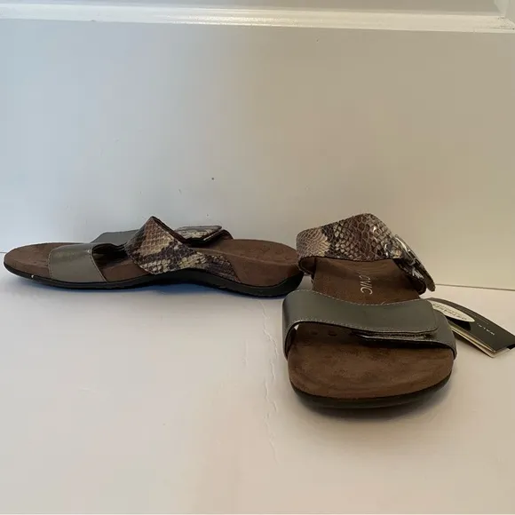 NEW VIONIC SHOES SANDALS 2 STRAP BROWN SNAKESKIN LOOK PEWTER SILVER SIZE 8 MWT