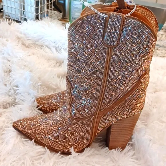 NEW Western Rose Gold Rhinestone Leather DINGO Cowboy Cowgirl Boots SZ 11