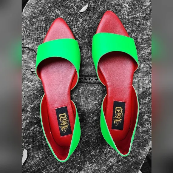NEW/SoldOut ~ Von D Shoes ~ Eelctric Slime Green Peep Toe Flats Sandals