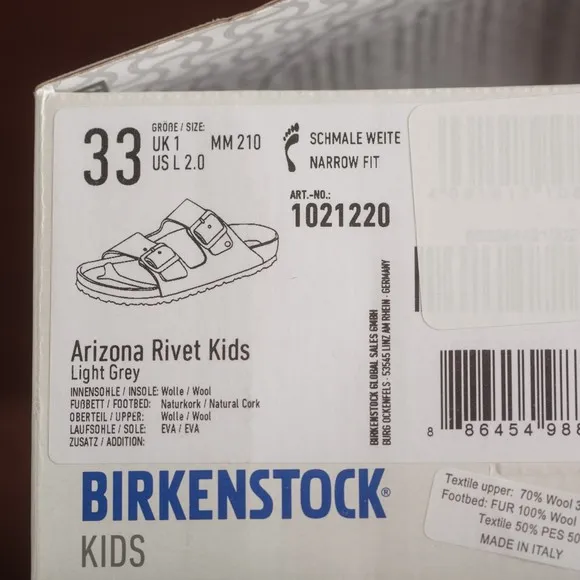 NIB Birkenstock Arizona Happy Lamb Sandals Kid's Size 2-2.5/US Gray