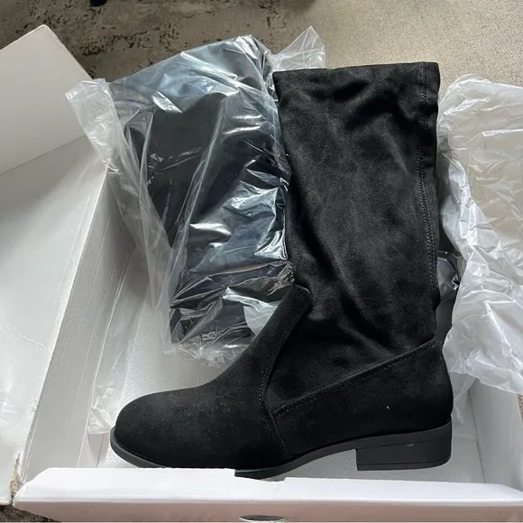 NIB Nine West Women's Lenna Over the Knee Low Heel Boots Black Suede, Size 5.5