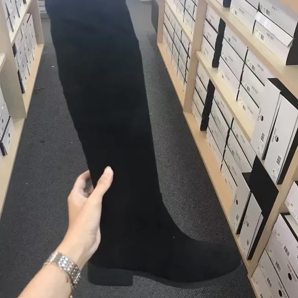 NIB Nine West Women's Lenna Over the Knee Low Heel Boots Black Suede, Size 5.5