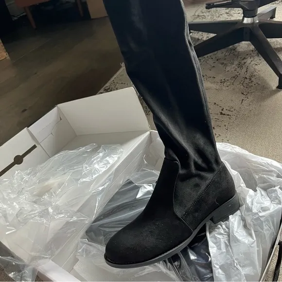 NIB Nine West Women's Lenna Over the Knee Low Heel Boots Black Suede, Size 5.5