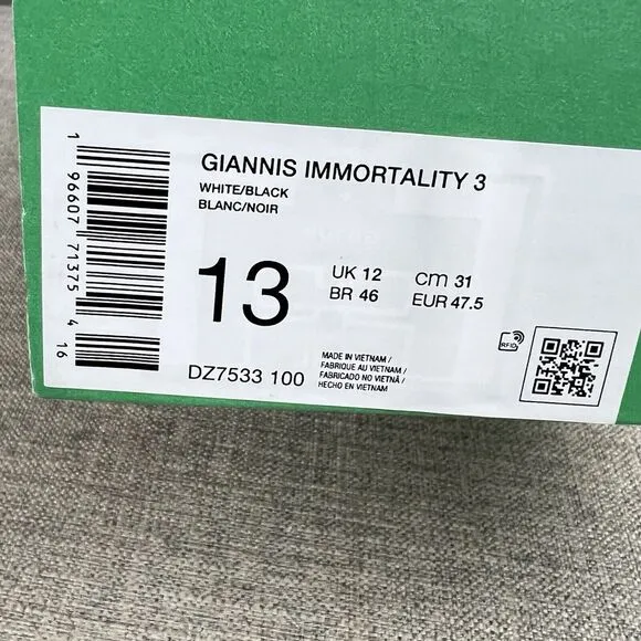 Nike Giannis Immortality 3 Men's Size 13 White Black Athletic Casual Running
