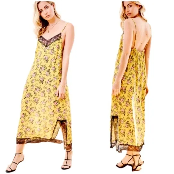 Nina Kendosa Paris yellow floral black lace slip dress