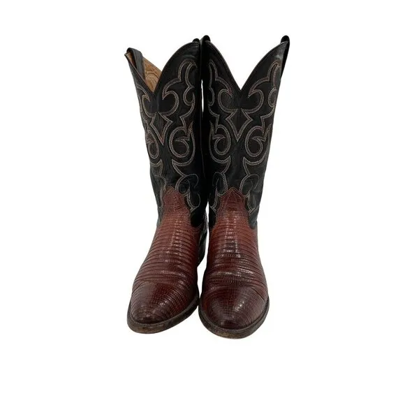 Nocona Womens Black &amp; Brown Leather Western Cowboy Boots Size 7 Lizard