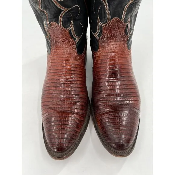 Nocona Womens Black &amp; Brown Leather Western Cowboy Boots Size 7 Lizard
