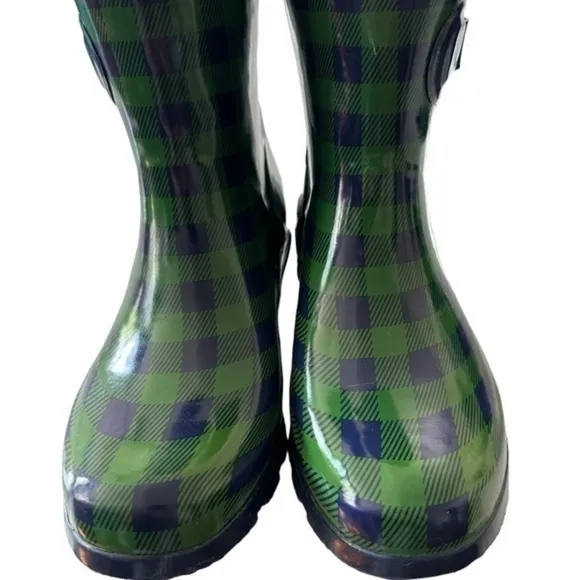 NOMAD GREEN AND BLUE GINGHAM RAIN BOOTS SIZE 6